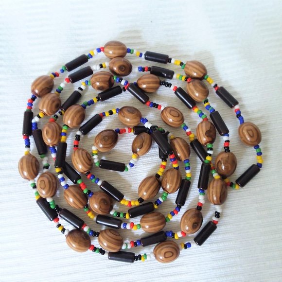Necklace Glass Beads Wood Seed VTG Boho Stylish Colorful Festive Trendy Handmade - Picture 2 of 4